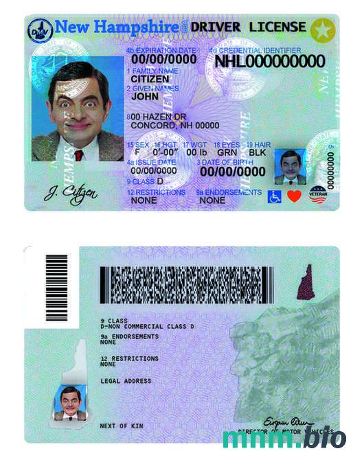 Szablon prawa jazdy USA New Hampshire w formacie PSD, ze wszystkimi czcionkami